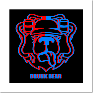 Retro Vintage 3D Glitch Neon Drunk Bear With Beer Hat Posters and Art